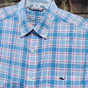 Vineyard Vines Mens On-The-Go Performance Plaid Short Sleeve Shirt Blue L